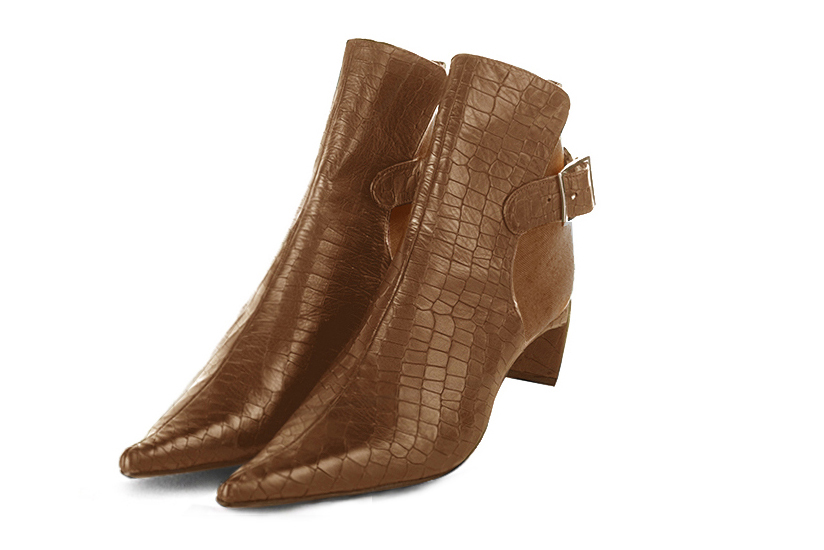 Caramel brown women's ankle boots with buckles at the back. Pointed toe. Medium comma heels. Front view - Florence KOOIJMAN